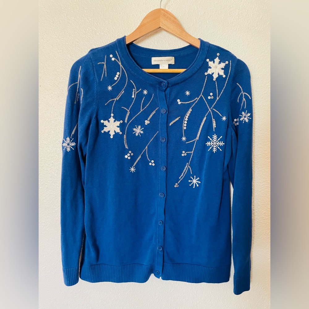 Christopher & Banks Blue Cardigan Snowflake Embroidery 100% Cotton Size Small